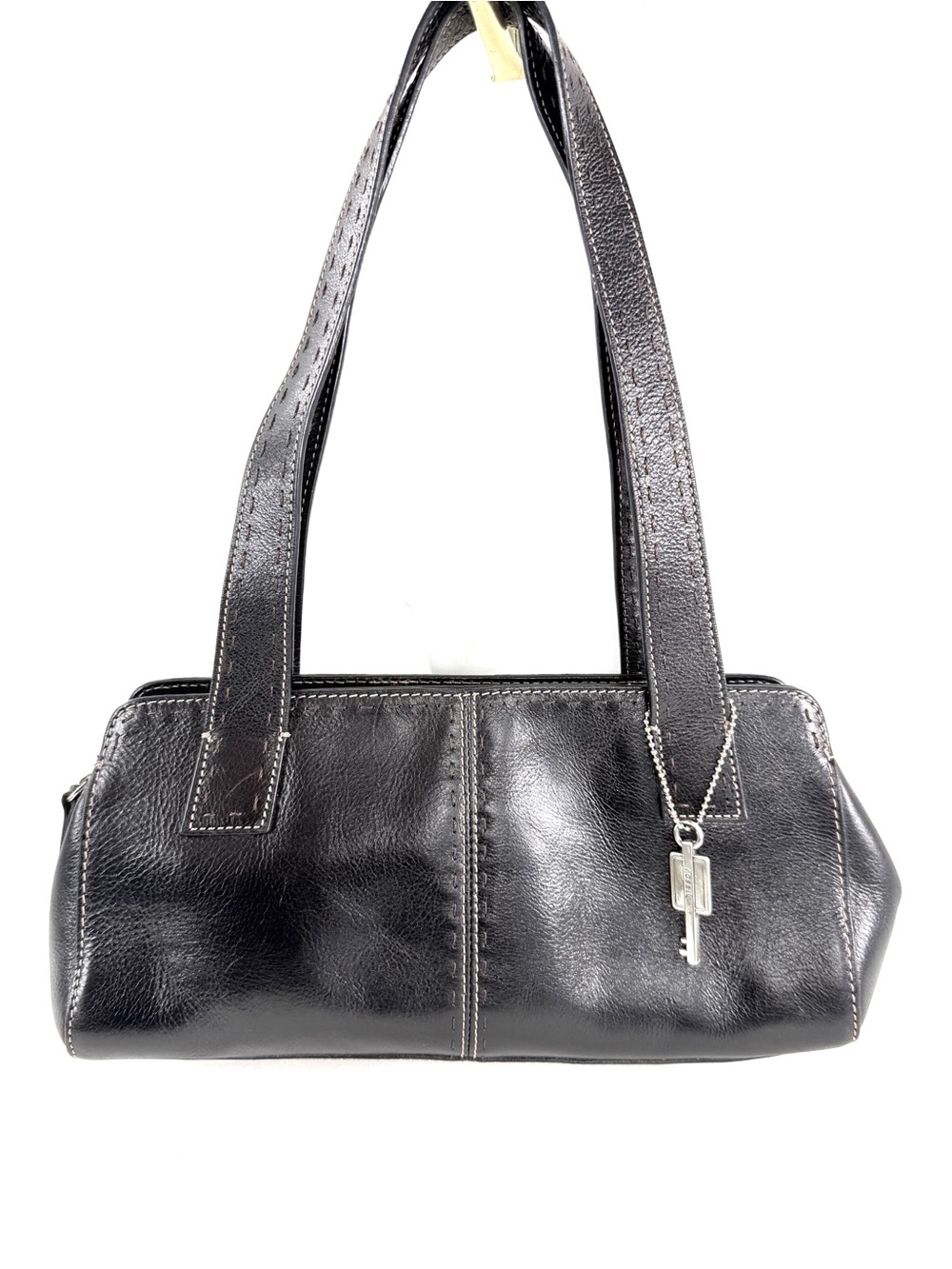 Fossil Black Leather East West Small Shoulder Bag Topstitching Key Charm zb9015